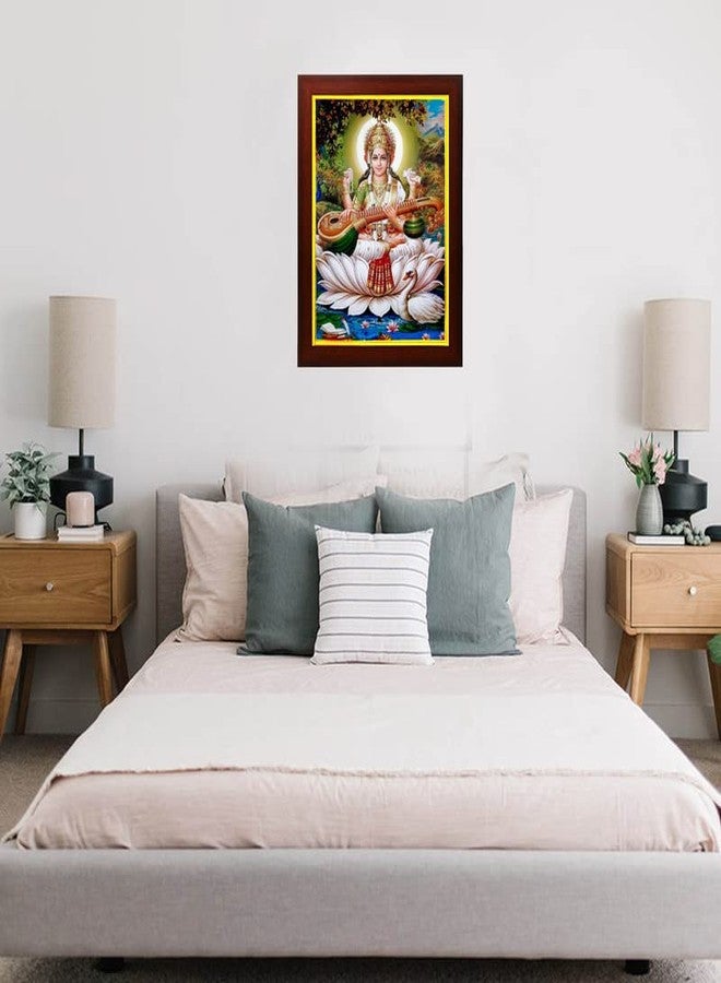 ZIG-ZAG zig zag Goddess Saraswati Devi God of Knowledge and Wisdom Religious Photo picture Frame For Wall hanging ,Temple, pooja Room, Worship ( 24 x 34 cm , Brown Golden Border ) - Image 3